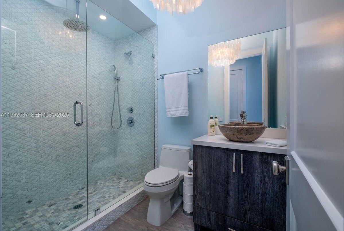 Bathroom, Chandelier, Glass Shower, Interior, Recessed Lighting