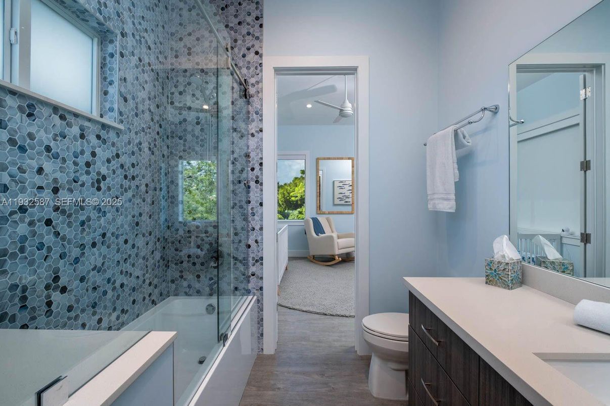 Bathroom, Glass Shower, Interior, Recessed Lighting, Wood Texture Flooring