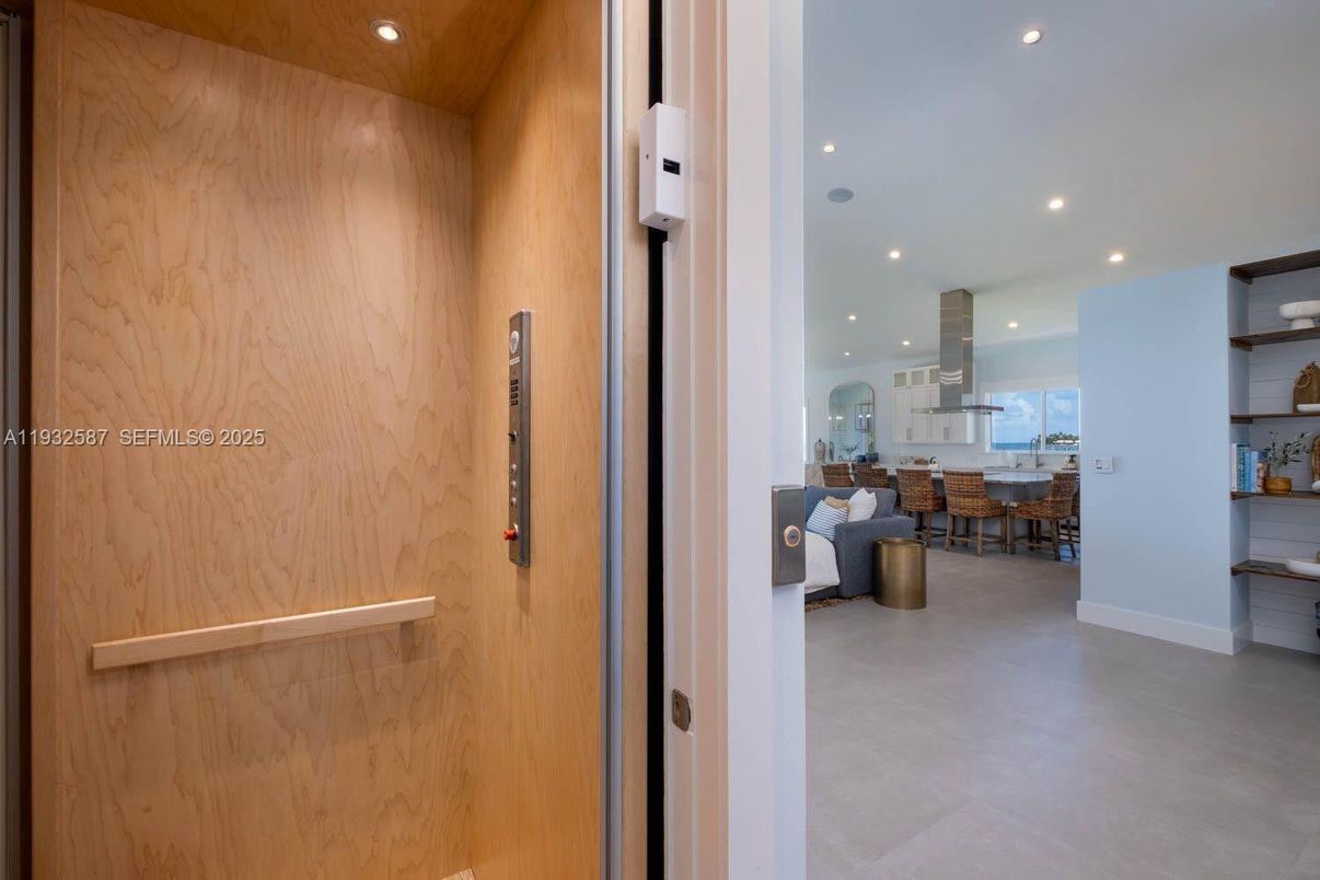 Dining room, Elevator, Interior, Recessed Lighting, Wooden Walls