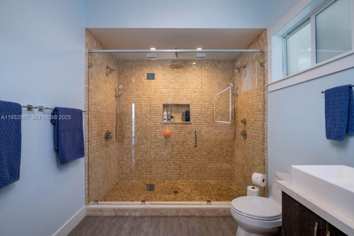 Bathroom, Glass Shower, Interior, Recessed Lighting, Wood Texture Flooring