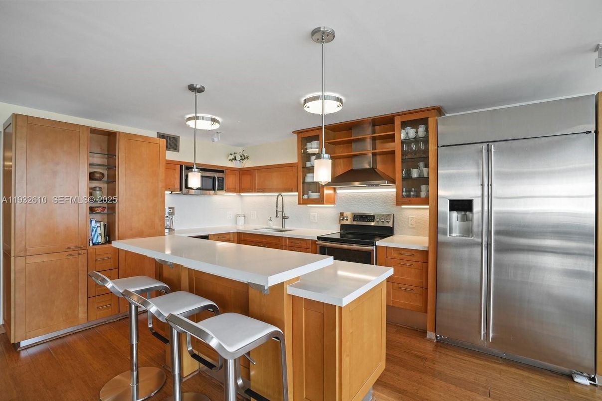 Interior, Kitchen, Pendant Lights, Stainless Steel Appliances, Wood Texture Flooring