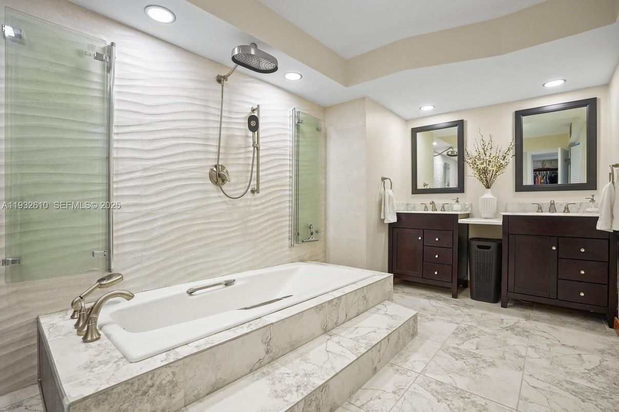 Bathroom, Dual Sink Vanities, Glass Shower, Interior, Marble, Recessed Lighting