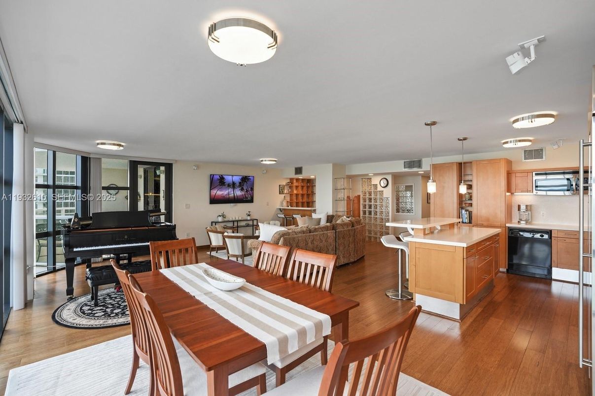 Dining room, Interior, Kitchen, Living room, Pendant Lights, Piano, Wood Texture Flooring