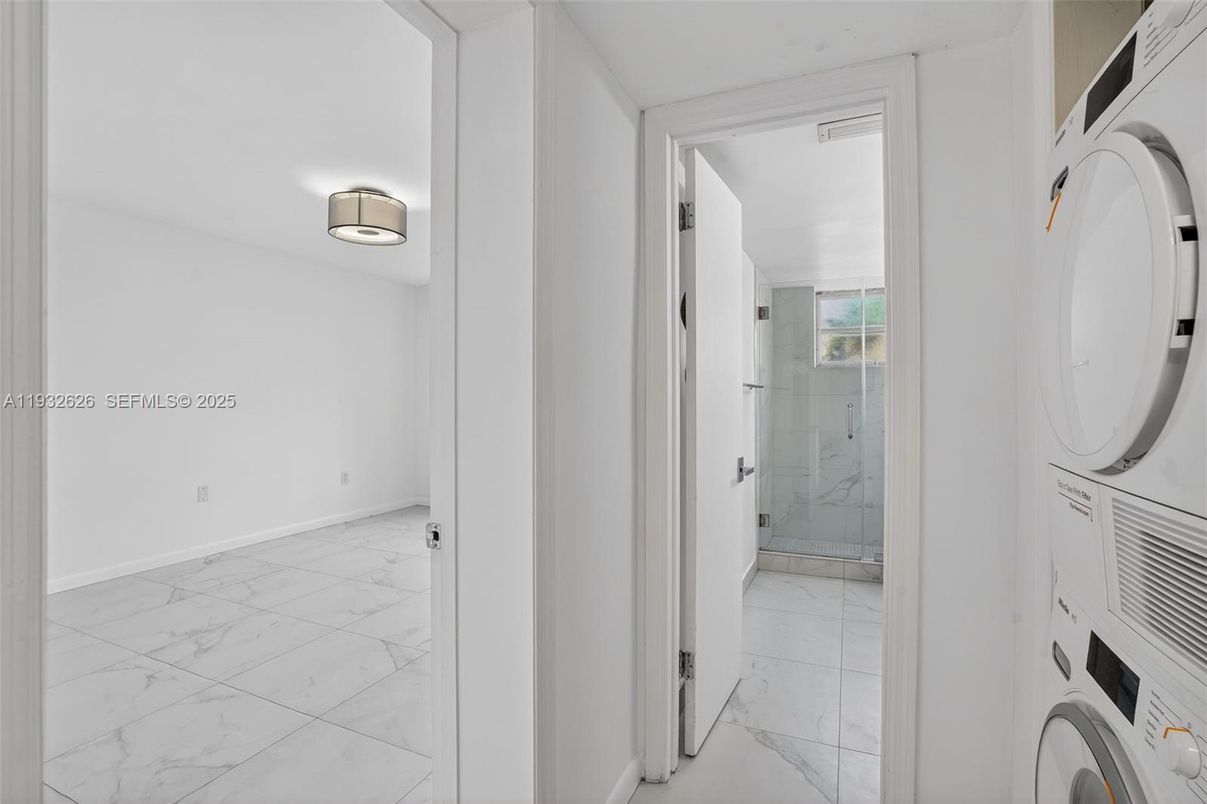 Bathroom, Glass Shower, Interior, Marble, Marble Walls, Utility Closets, Washer
