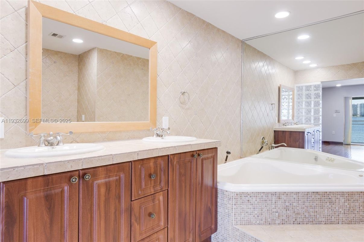 Bathroom, Dual Sink Vanities, Interior, Recessed Lighting, Tile Countertops