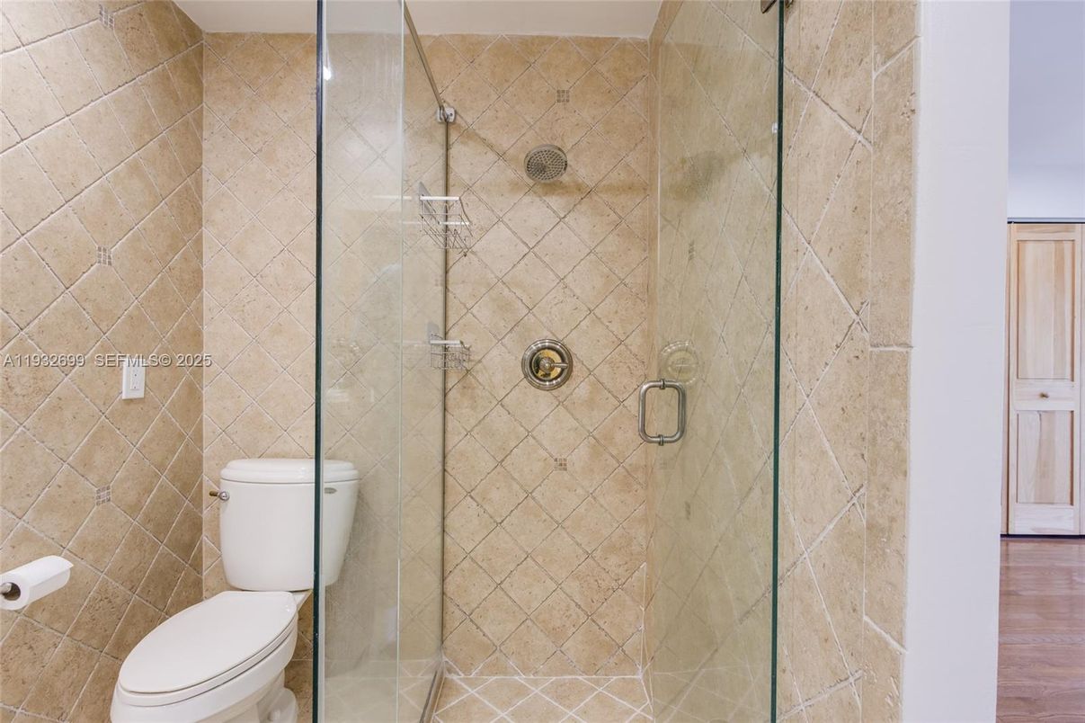 Bathroom, Glass Shower, Interior, Wood Texture Flooring