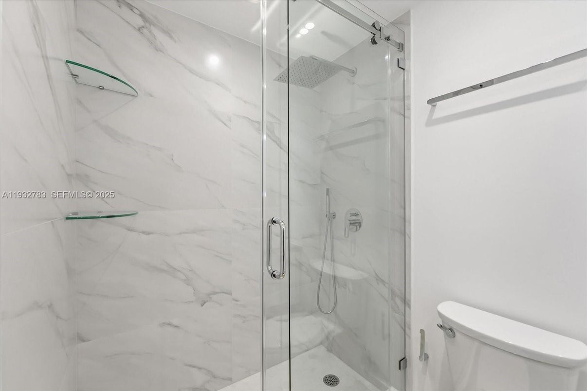 Bathroom, Glass Shower, Interior, Marble Walls, Recessed Lighting