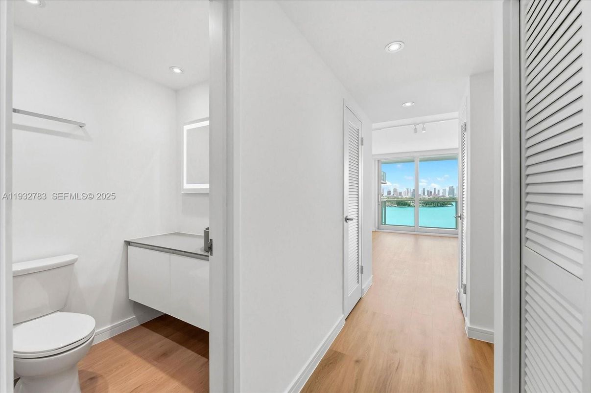 Bathroom, Interior, Recessed Lighting, Water, Wood Texture Flooring