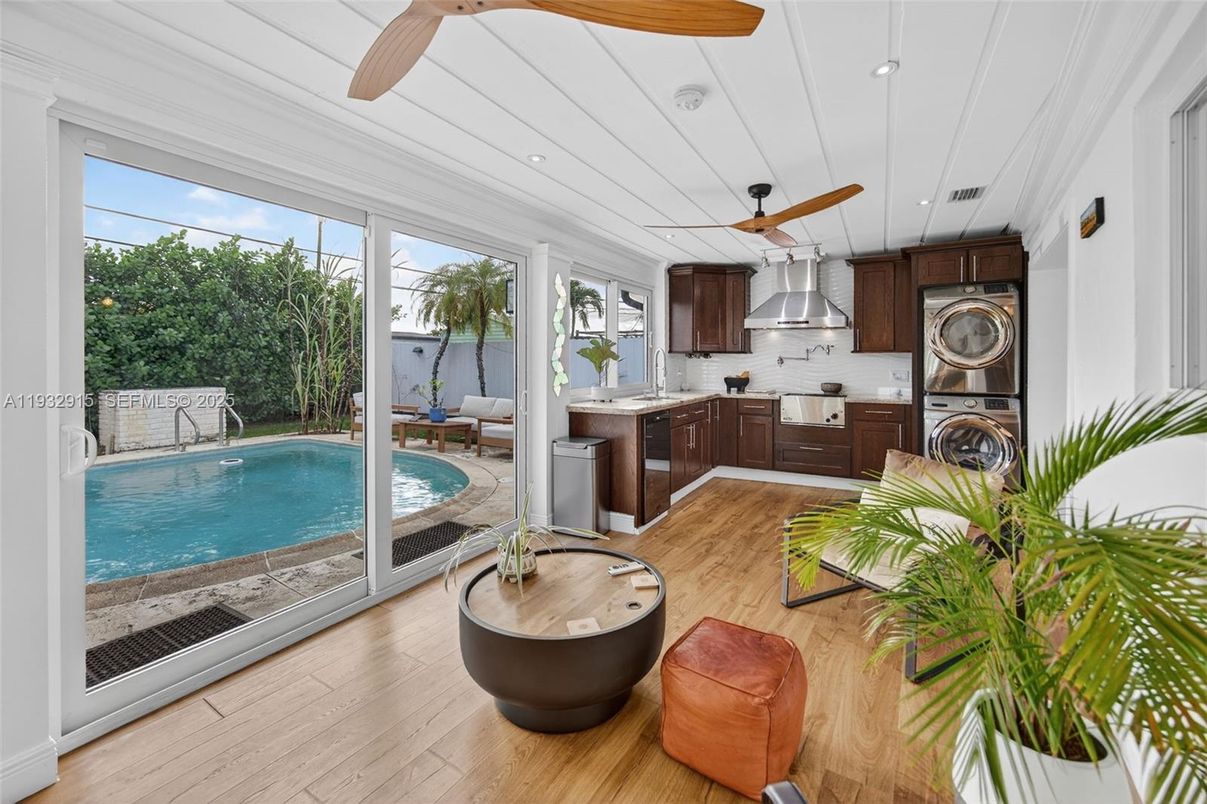 Interior, Kitchen, Pool, Recessed Lighting, Stainless Steel Appliances, Wood Texture Flooring