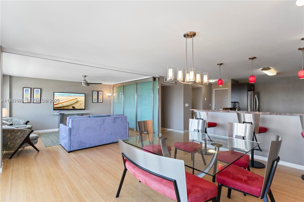 Dining room, Interior, Living room, Pendant Lights, Wood Texture Flooring