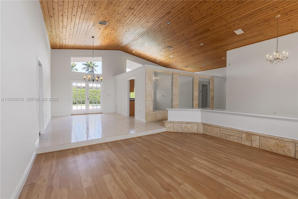 Chandelier, Empty room, Interior, Recessed Lighting, Wooden Ceilings, Wood Texture Flooring