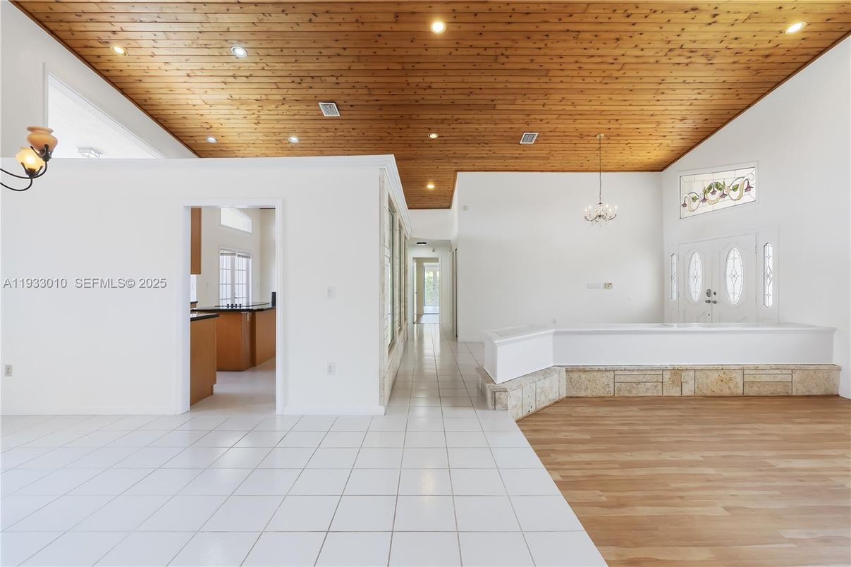 Bathroom, Chandelier, Empty room, Interior, Recessed Lighting, Wooden Ceilings, Wood Texture Flooring