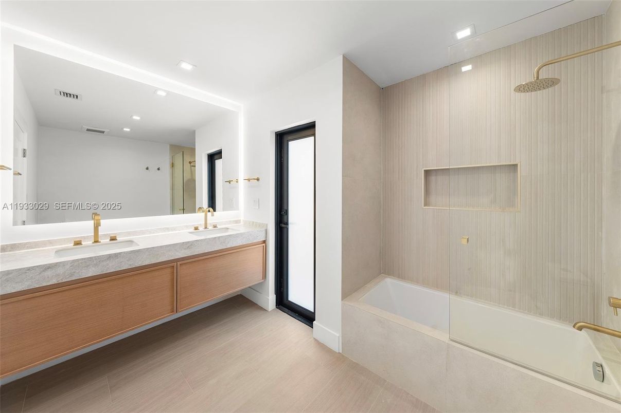 Bathroom, Dual Sink Vanities, Glass Shower, Interior, Recessed Lighting, Wood Texture Flooring