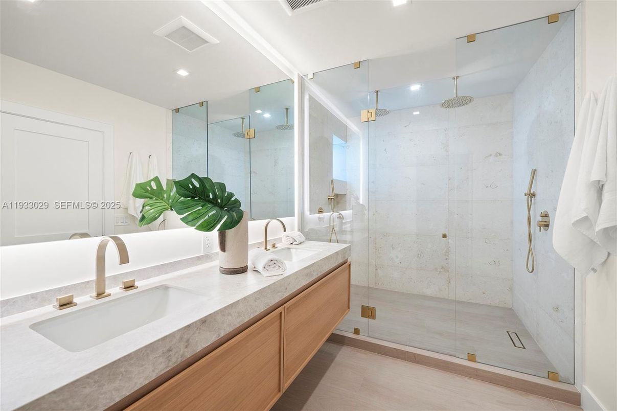 Bathroom, Dual Sink Vanities, Glass Shower, Interior, Recessed Lighting