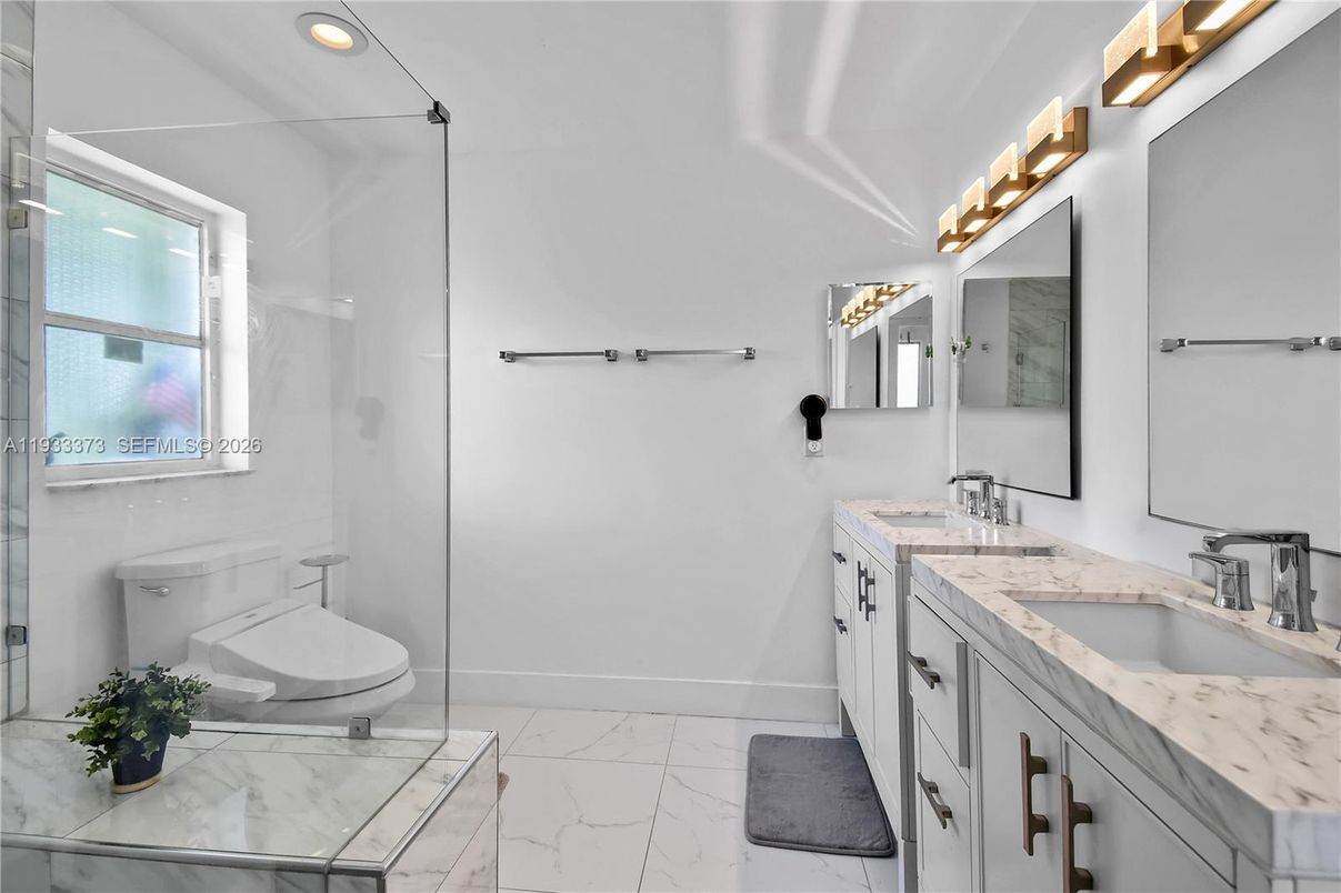 Bathroom, Dual Sink Vanities, Glass Shower, Interior, Marble, Recessed Lighting