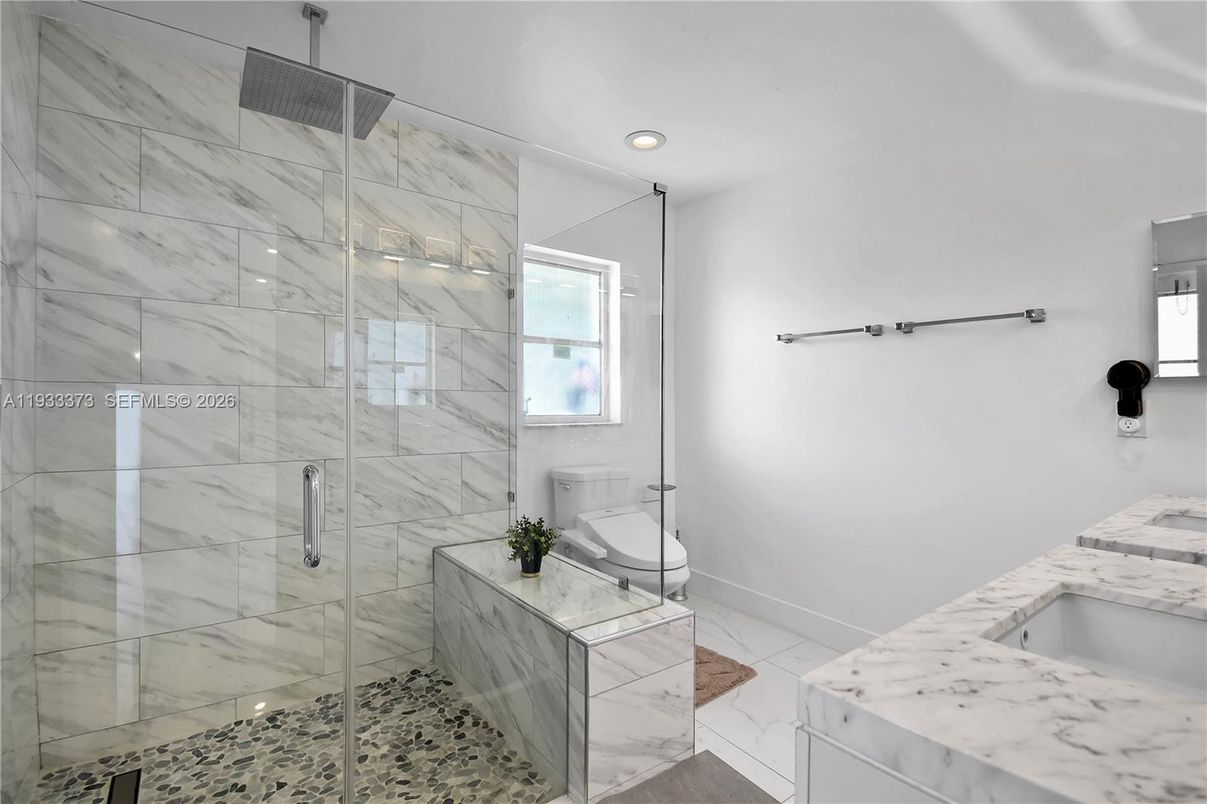 Bathroom, Glass Shower, Interior, Marble, Marble Walls, Recessed Lighting