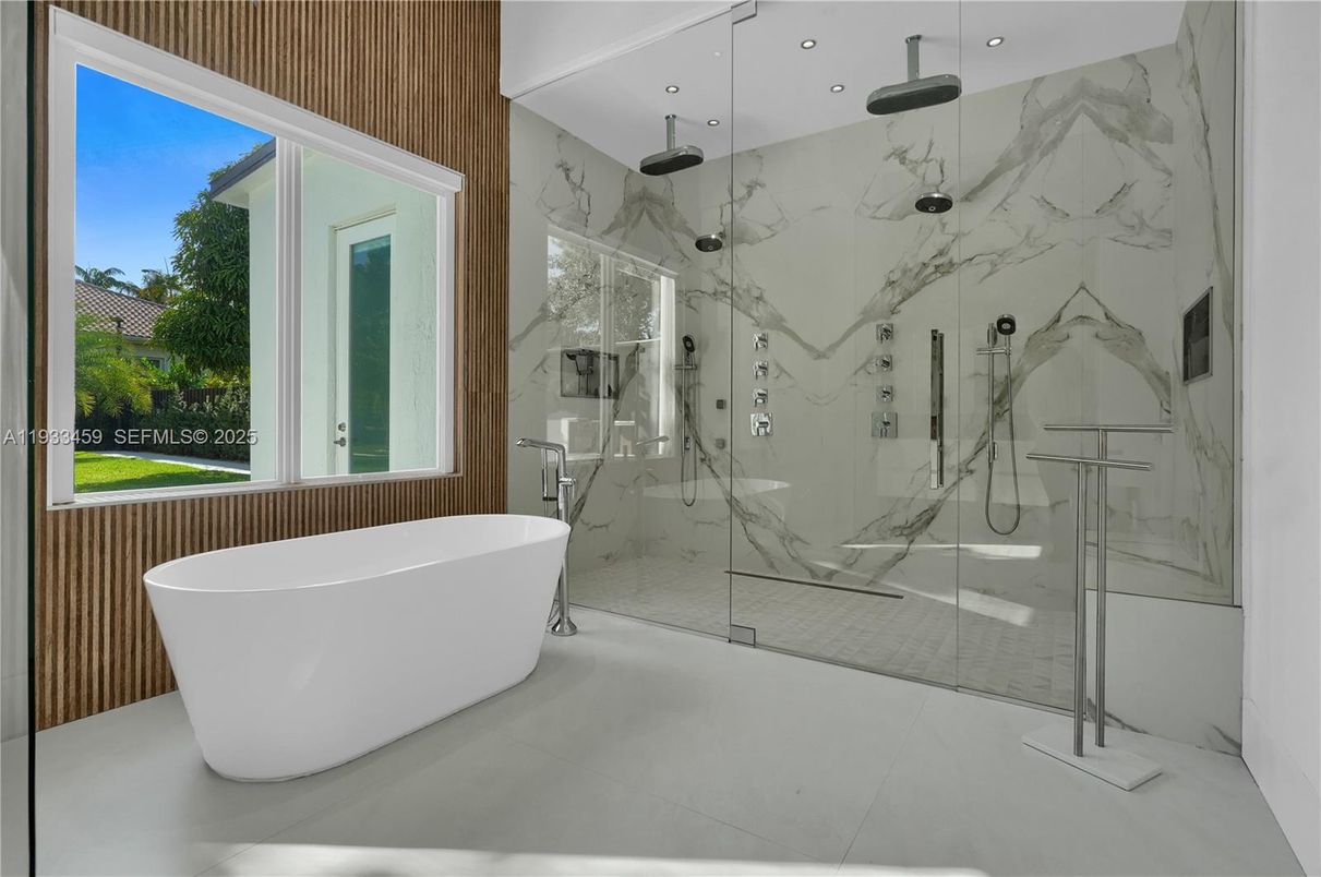 Bathroom, Free Standing Baths, Glass Shower, Interior, Marble Walls, Recessed Lighting