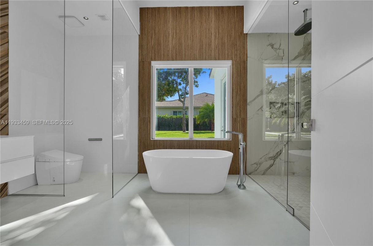 Bathroom, Free Standing Baths, Glass Shower, Interior, Marble Walls