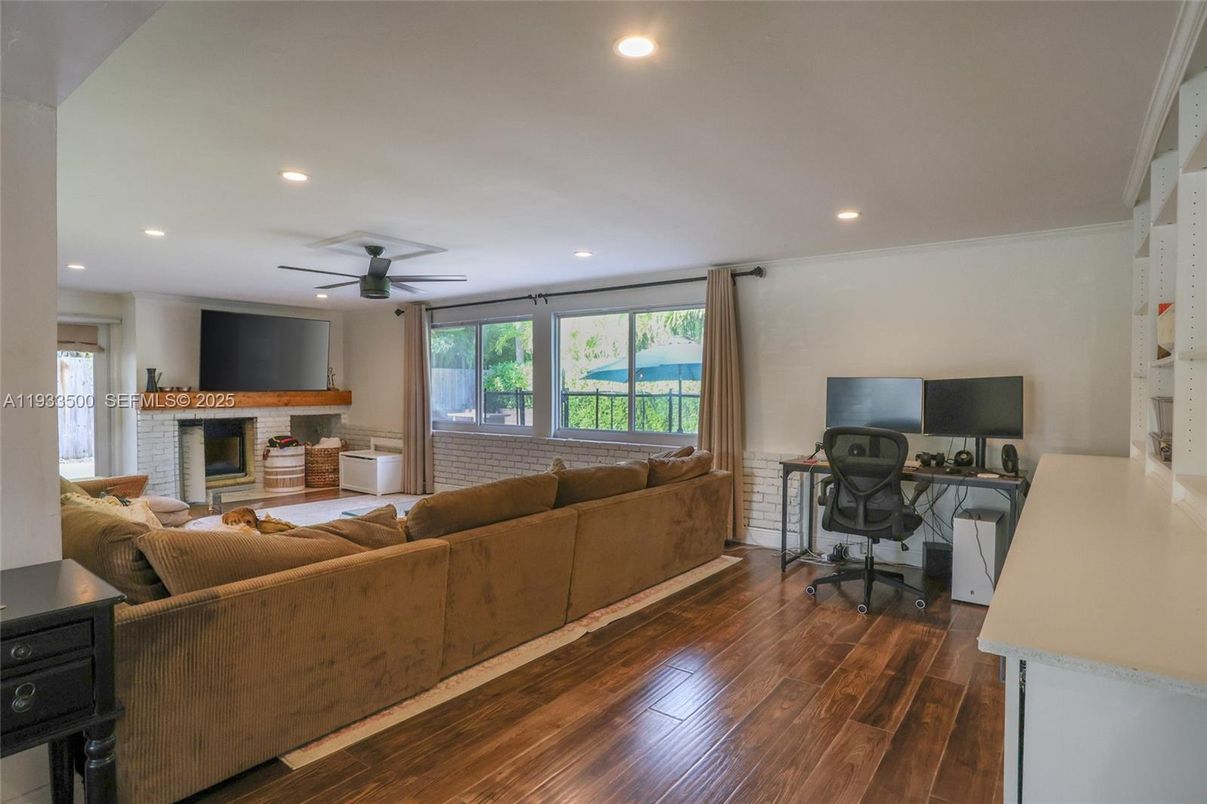 Fireplace, Home Office, Interior, Living room, Recessed Lighting, Wood Texture Flooring