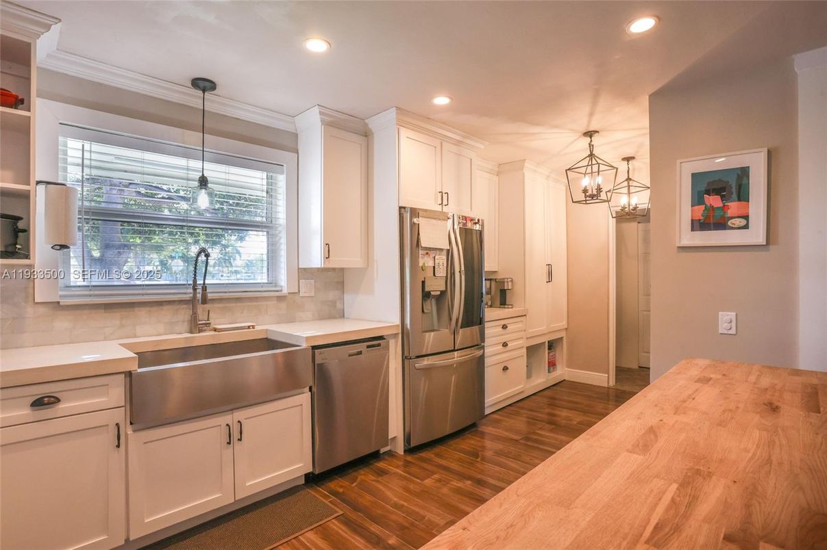 Interior, Kitchen, Pendant Lights, Recessed Lighting, Stainless Steel Appliances, Wood Texture Flooring