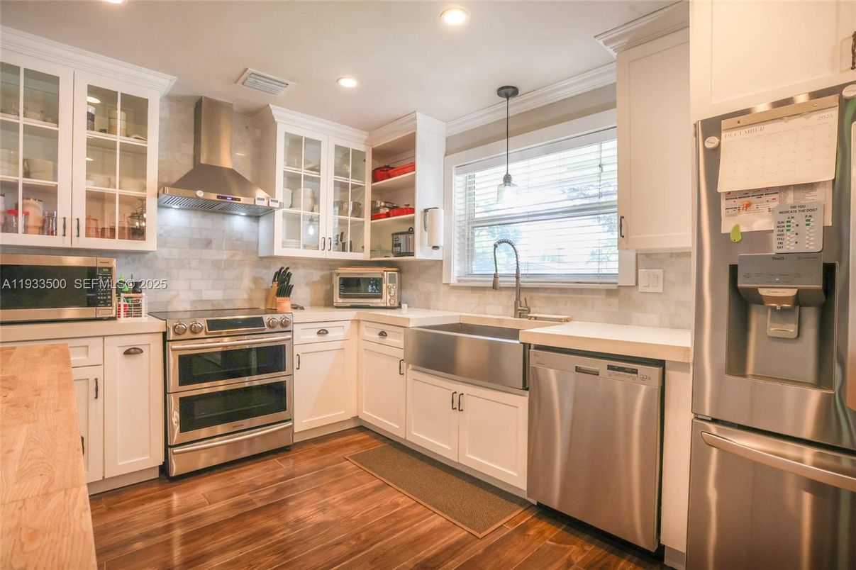 Interior, Kitchen, Pendant Lights, Recessed Lighting, Stainless Steel Appliances, Wood Texture Flooring