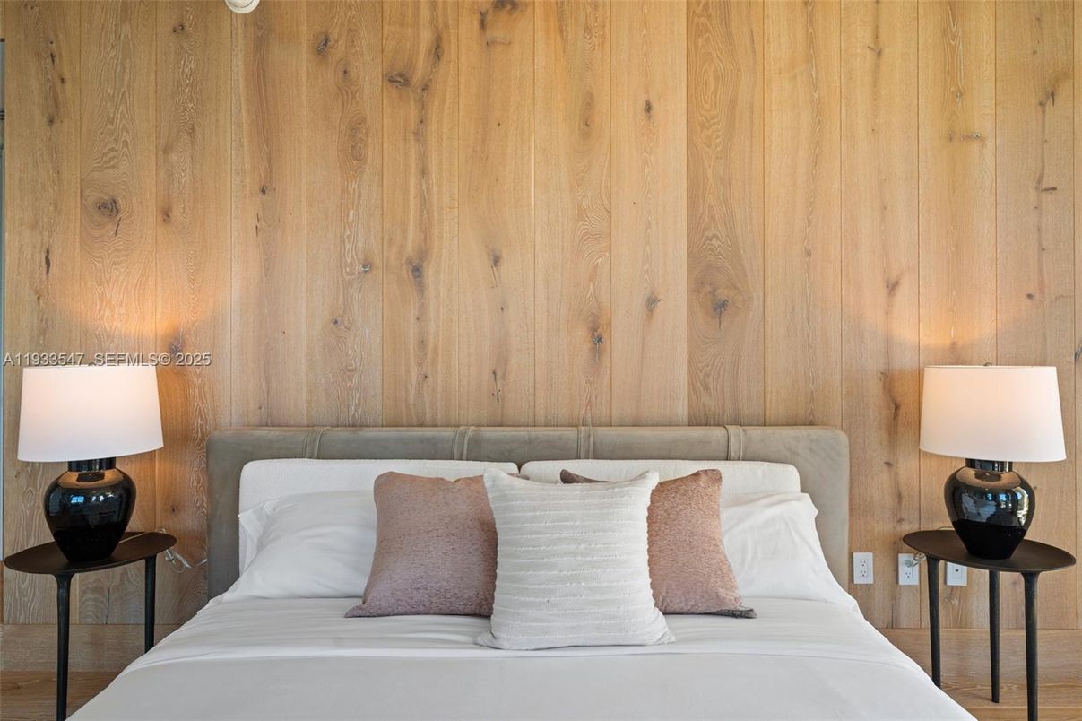 Bathroom, Dual Sink Vanities, Interior, Marble Walls, Recessed Lighting, Wood Texture Flooring