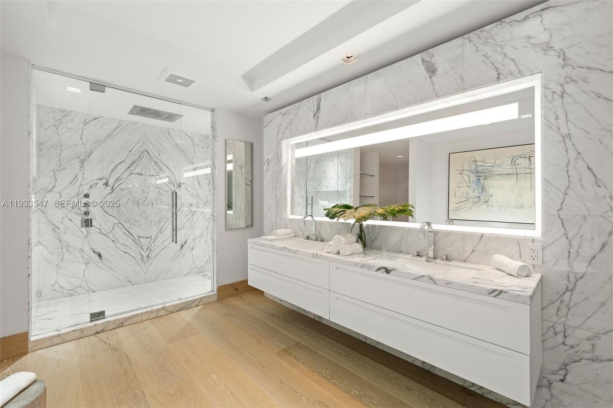 Bathroom, Glass Shower, Interior, Marble Walls, Recessed Lighting