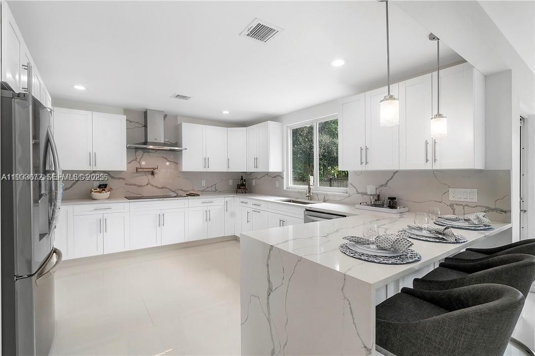 Interior, Kitchen, Marble Walls, Pendant Lights, Recessed Lighting