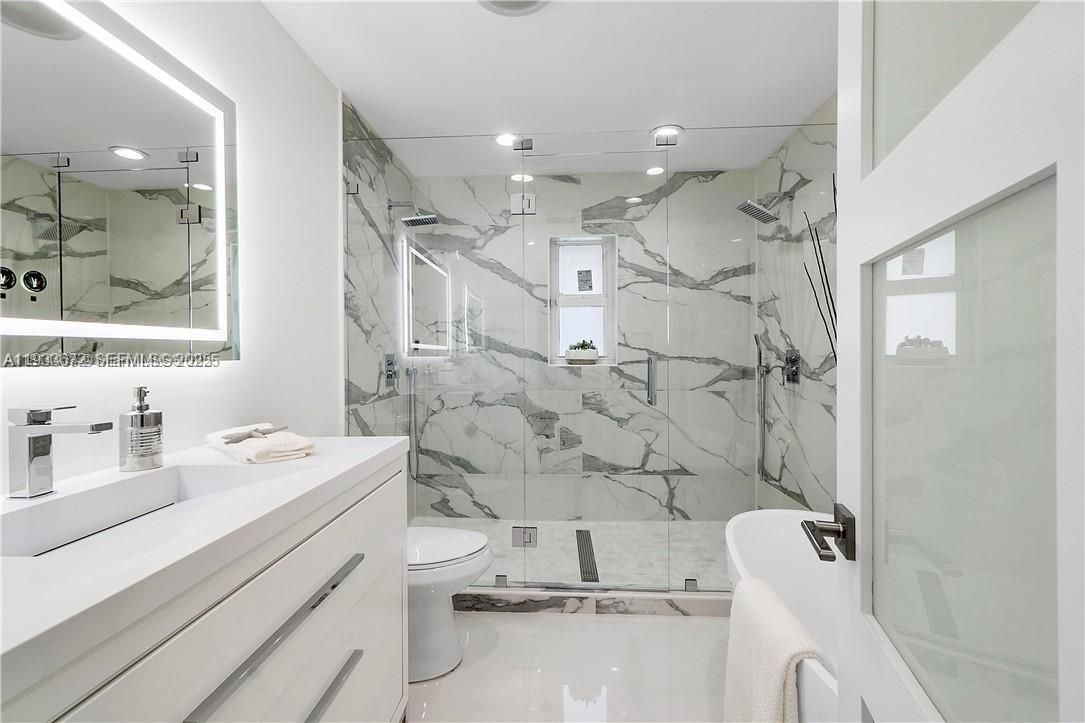 Bathroom, Glass Shower, Interior, Marble Walls, Recessed Lighting