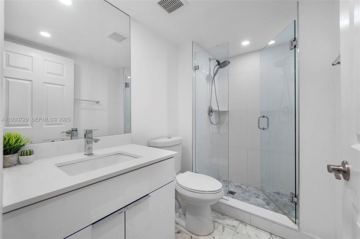 Bathroom, Glass Shower, Interior, Marble, Recessed Lighting