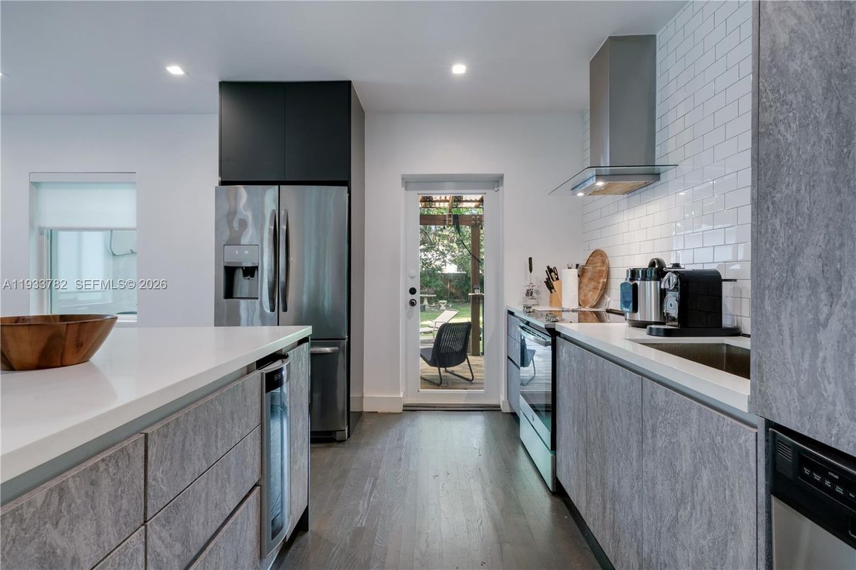 Interior, Kitchen, Recessed Lighting, Stainless Steel Appliances, Wood Texture Flooring