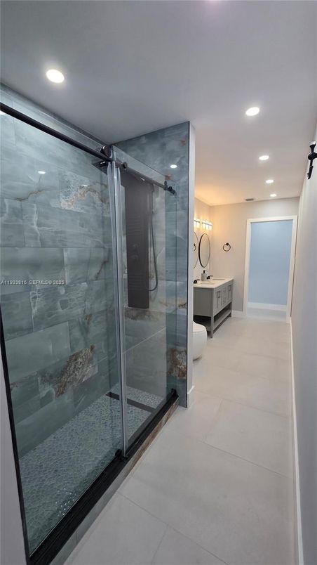 Bathroom, Glass Shower, Interior, Recessed Lighting
