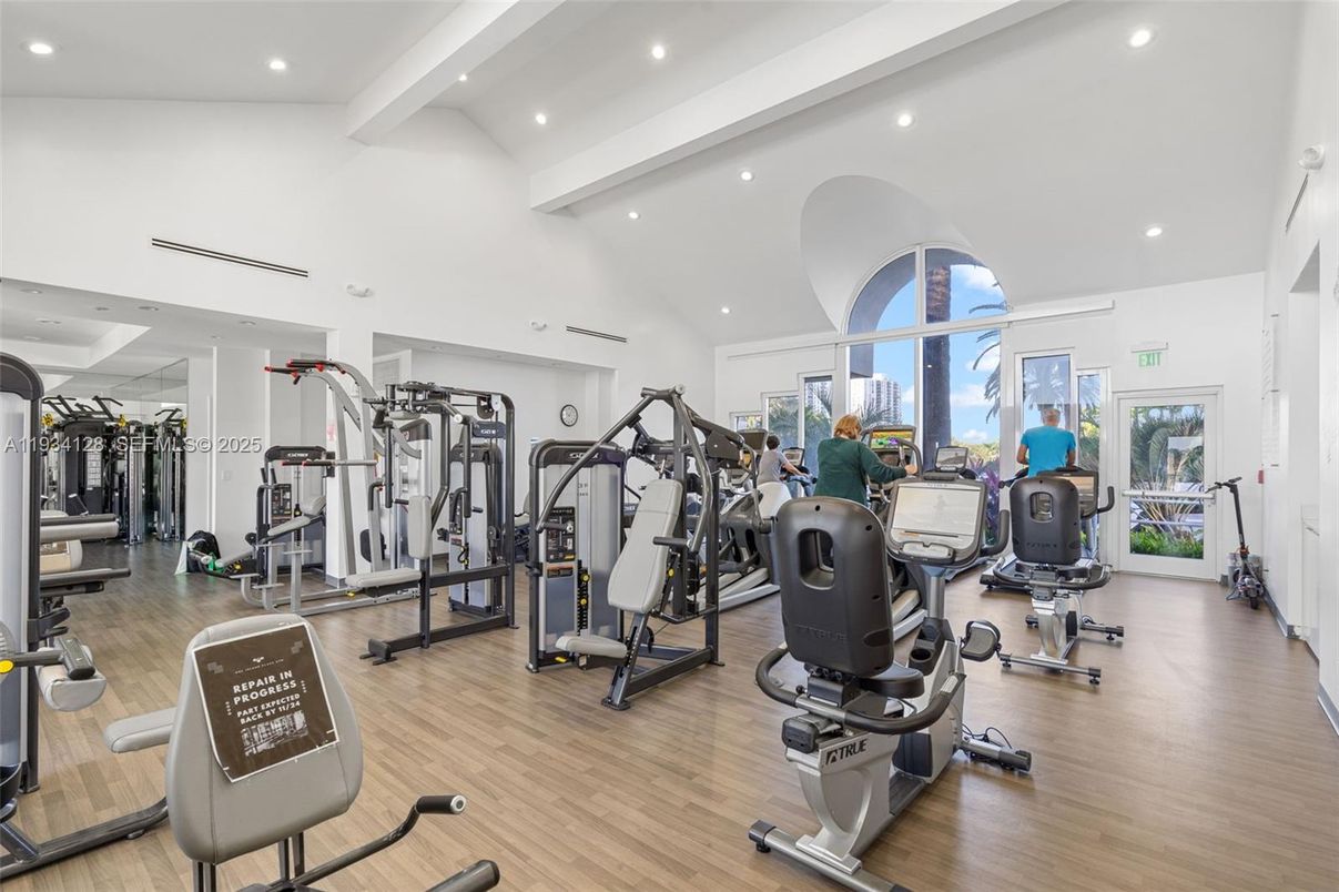 Fitness Equipment, Gym, Interior, Recessed Lighting, Wood Texture Flooring