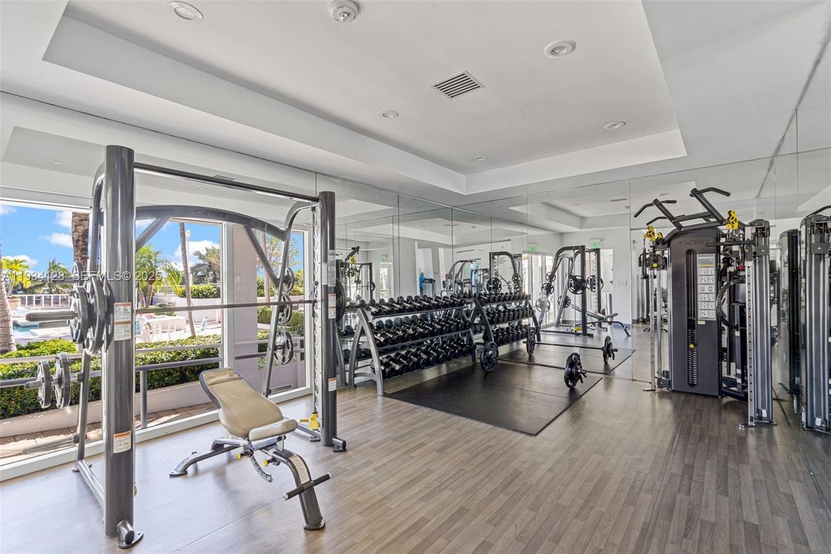 Fitness Equipment, Gym, Interior, Recessed Lighting, Wood Texture Flooring