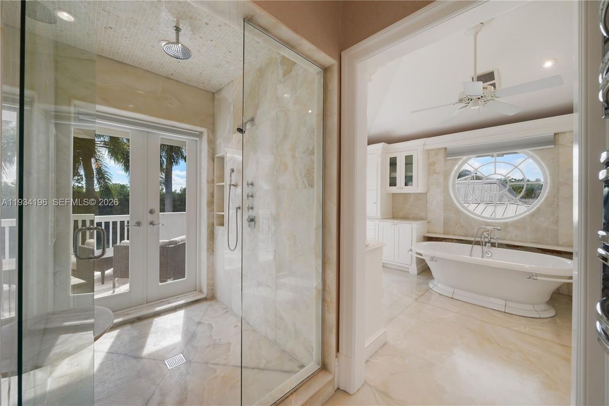 Bathroom, Free Standing Baths, Glass Shower, Interior, Marble, Marble Walls, Recessed Lighting
