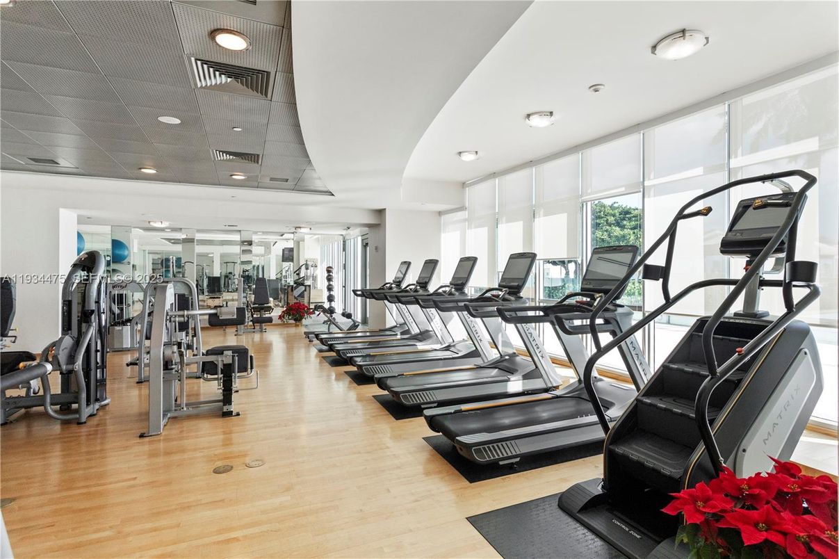 Fitness Equipment, Gym, Interior, Recessed Lighting, Wood Texture Flooring