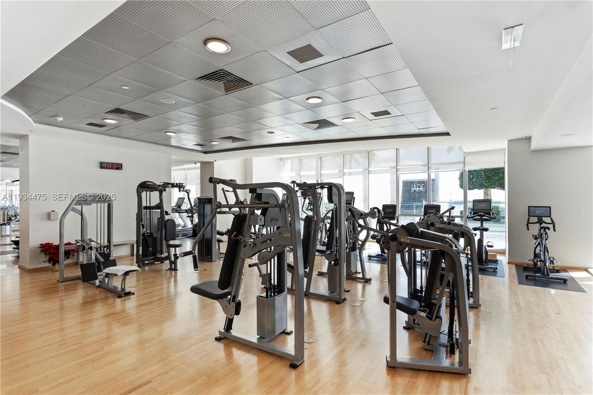 Fitness Equipment, Gym, Interior, Recessed Lighting, Wood Texture Flooring