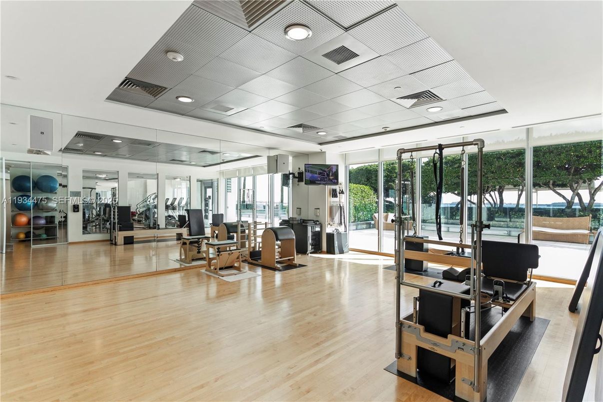 Fitness Equipment, Gym, Interior, Recessed Lighting, Wood Texture Flooring