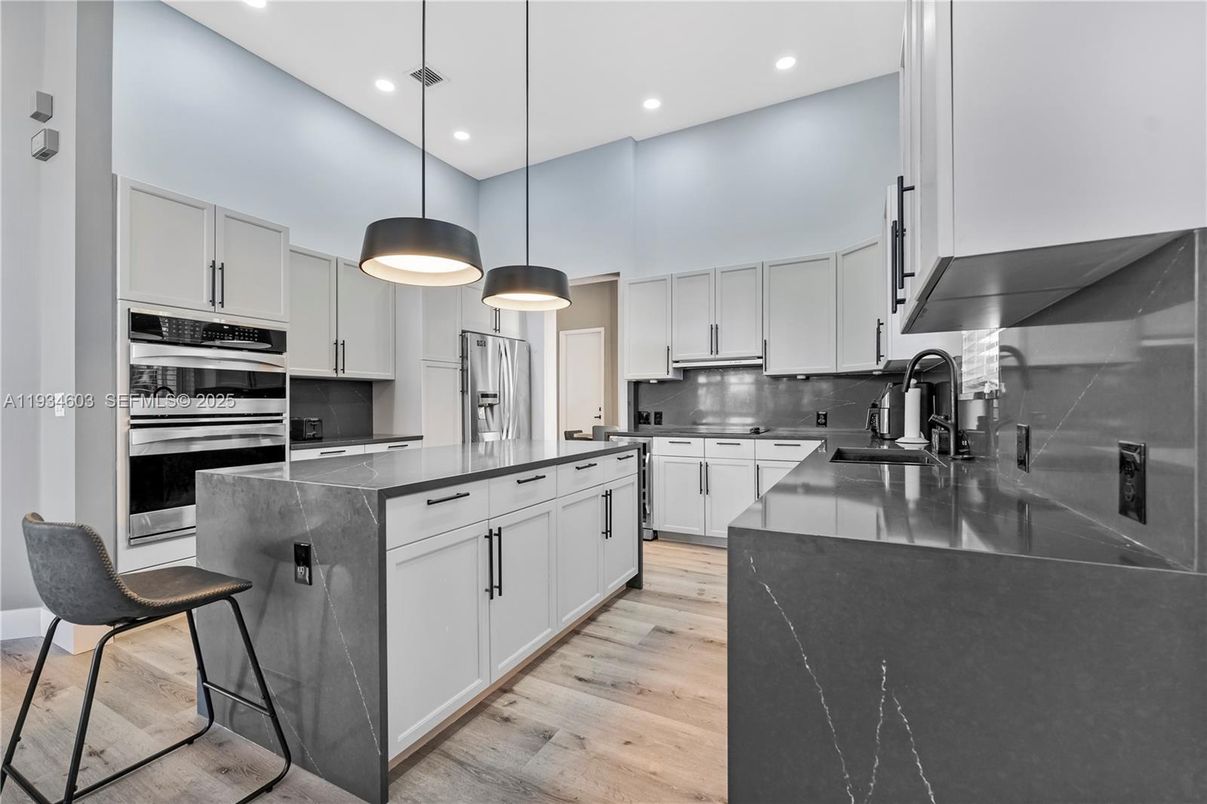 Interior, Kitchen, Pendant Lights, Recessed Lighting, Stainless Steel Appliances, Wood Texture Flooring