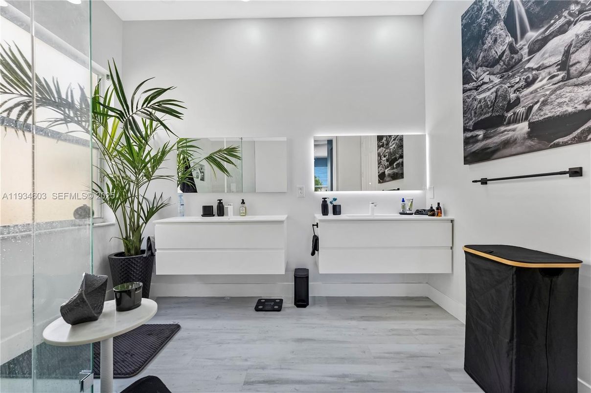 Bathroom, Dual Sink Vanities, Glass Shower, Interior, Wood Texture Flooring