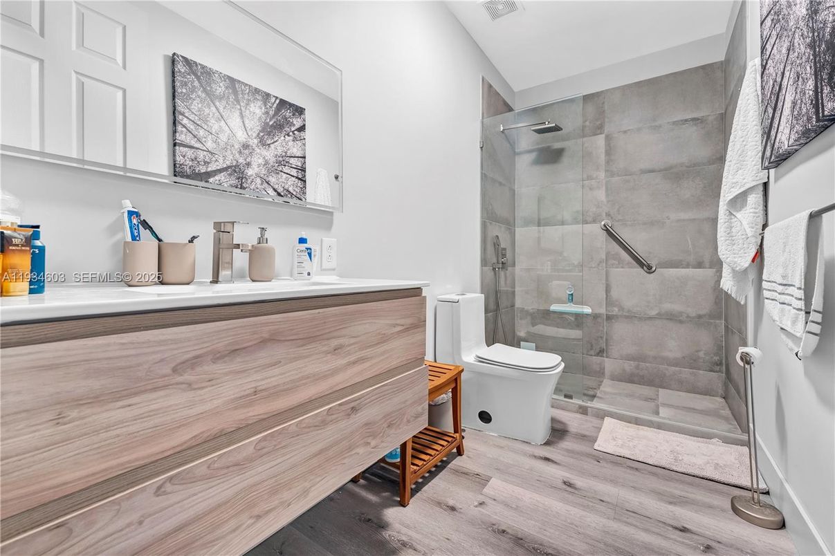 Bathroom, Glass Shower, Interior, Wood Texture Flooring