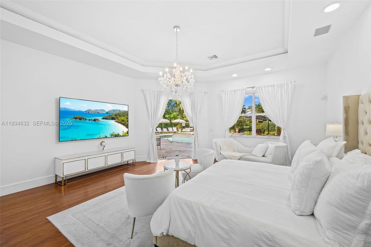 Bedroom, Chandelier, Interior, Recessed Lighting, Wood Texture Flooring