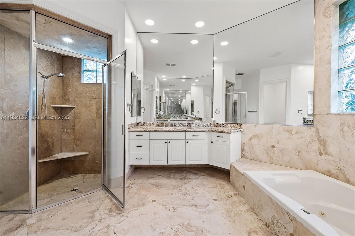 Bathroom, Dual Sink Vanities, Glass Shower, Interior, Recessed Lighting
