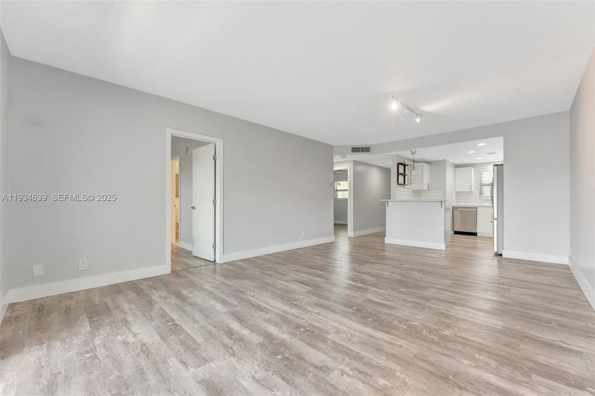 Empty room, Interior, Kitchen, Recessed Lighting, Wood Texture Flooring