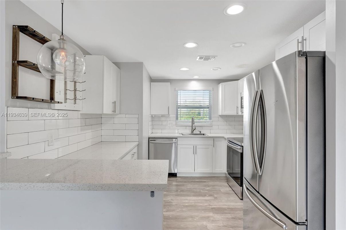 Interior, Kitchen, Pendant Lights, Recessed Lighting, Stainless Steel Appliances, Wood Texture Flooring