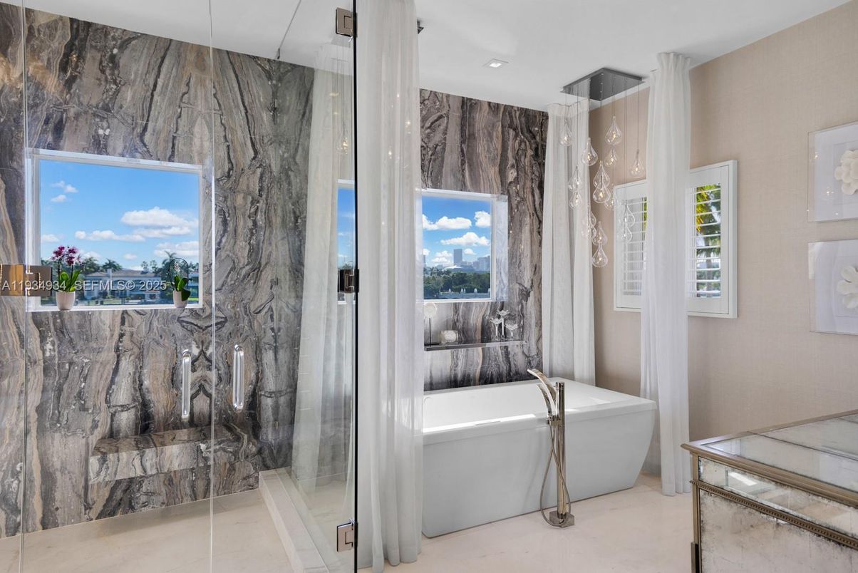 Bathroom, Free Standing Baths, Glass Shower, Interior, Marble Walls, Recessed Lighting