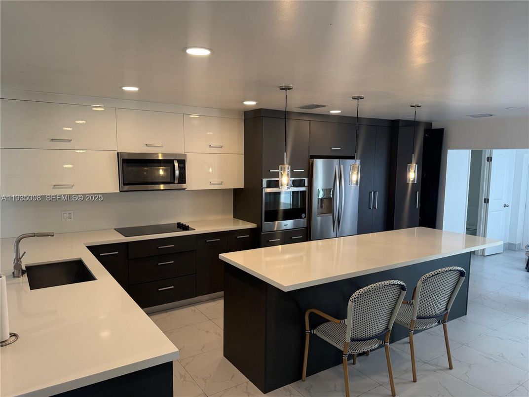 Interior, Kitchen, Marble, Pendant Lights, Recessed Lighting, Stainless Steel Appliances