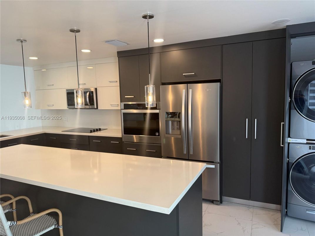 Interior, Kitchen, Marble, Pendant Lights, Recessed Lighting, Stainless Steel Appliances, Washer