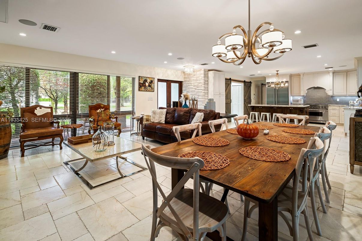 Chandelier, Dining room, Interior, Kitchen, Living room, Recessed Lighting, Stainless Steel Appliances