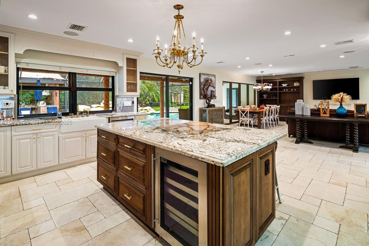 Chandelier, Dining room, Fireplace, Interior, Kitchen, Recessed Lighting